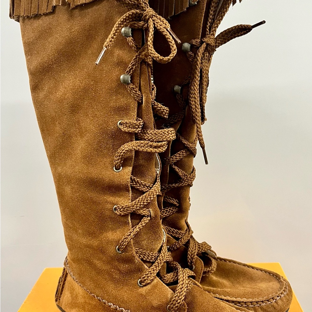 Brown Suede Lace-Up Knee-High Boots